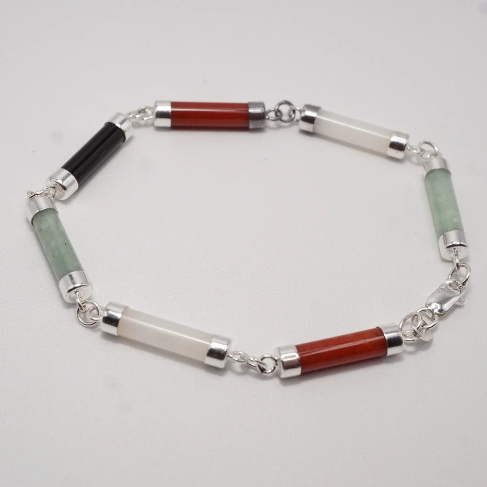 Sterling Silver Multi Stone Cylinder Bead Link Bracelet 7.5 Inch 925 Jade Onyx